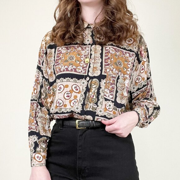 Vintage Floral Eccentric Print Button Down Shirt Eclectic Grandpa Grandma Blouse - Picture 6 of 6